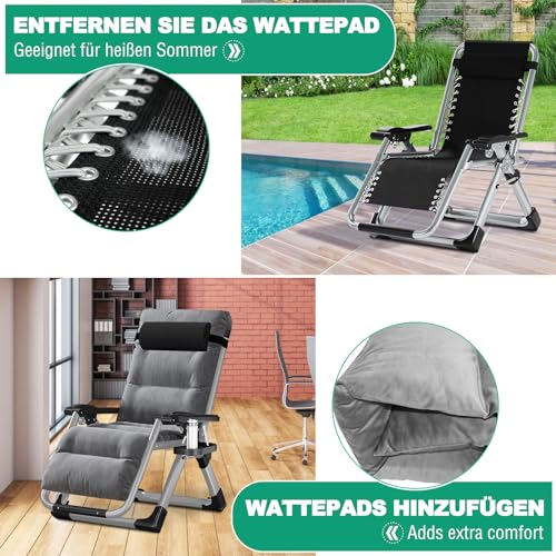 Ryuhic - Tumbona plegable para el sol, silla de terraza, con capacidad de carga de 200 kg, silla de gravedad cero con soporte de cojín, portavasos, tumbona de jardín extraancha ajustable para patio - imagen 3