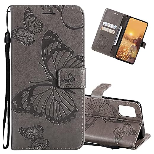 Ysnzaq Plånboksfodral till Samsung Galaxy A41, fjäril präglad premium PU-läder flip fodral stöttåligt fodral med stativ magnetisk korthållare fodral för Samsung Galaxy A41 KTHD grå.