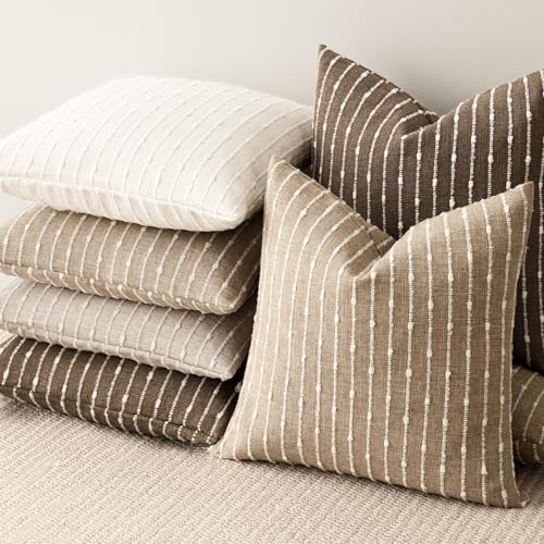 Image of Foindtower Pack of 2 Decorative Jacquard Boucle Throw Pillow Covers Accent Textured Striped Pillowcases Cozy Modern Cushion for Couch Sofa Bedroom Living Room Home Decor 18x18 Inch Camel