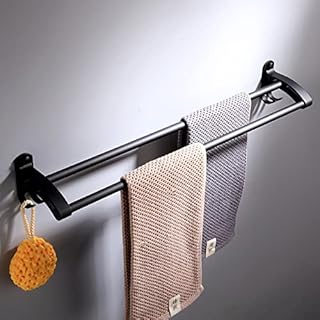 Double Towel Rail Wall Mounted, 60cm Bathroom Towel Holder Bar with Hooks, Matte Black Bathroom Accessories, Aluminium Alloy