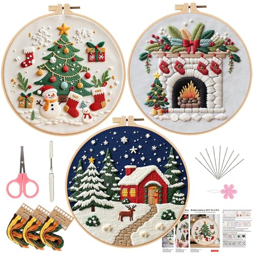 Image of LB Christmas Embroidery Kit for Beginners Adults, 3 Sets Hand Embroidery Starter Kit with Fireplace Pattern and Instructions Stamped Cross Stitch Kits Include Embroidery Hoop Needles Threads Scissors