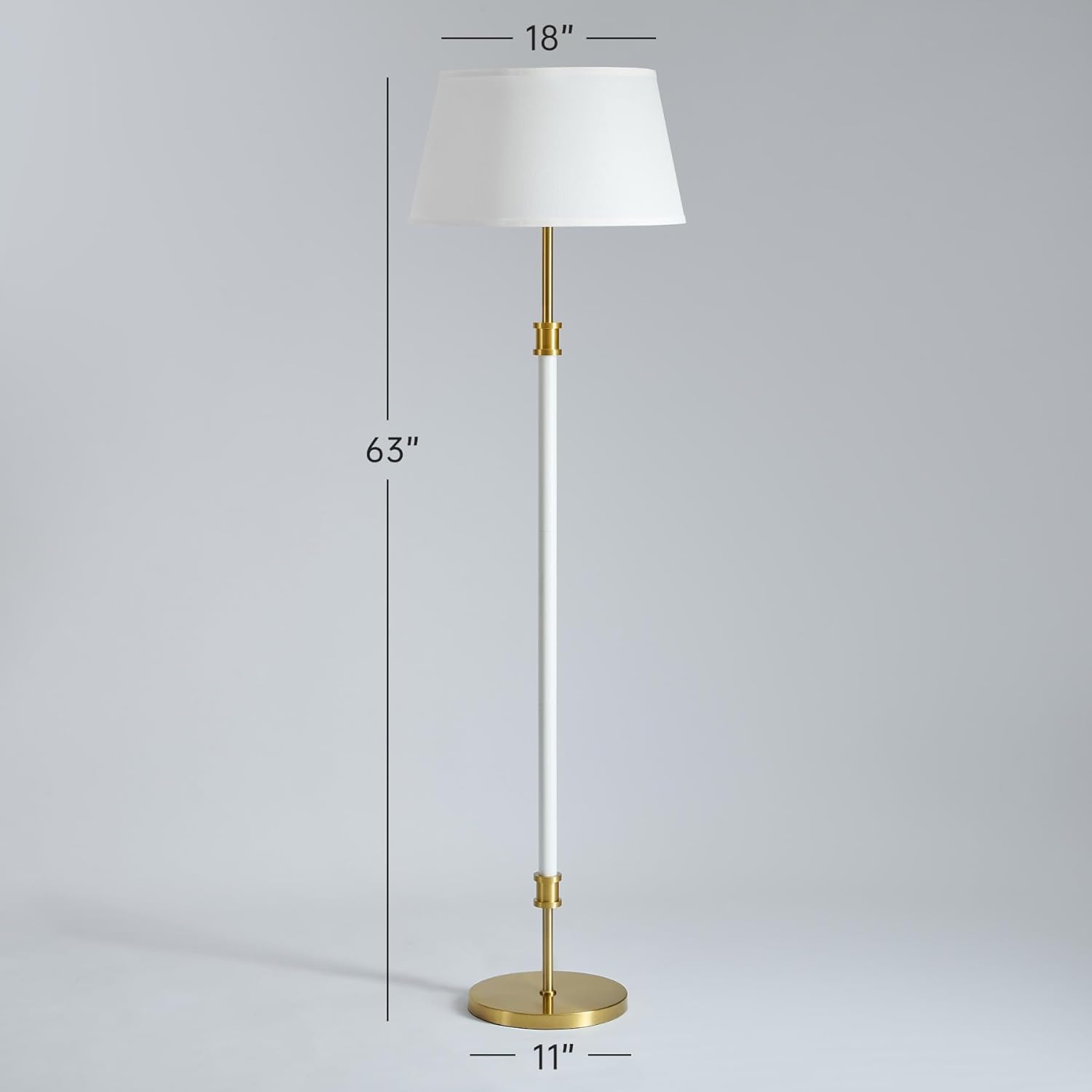 Modern Mid Century Floor Lamp with Soft Linen Shade, 63” Tall White & Brass Standing Lamp, Weighted Base, Warm Ambient Light for Living Room, Bedroom & Reading Corners (White & Gold)
