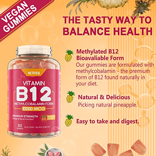 Vitamin B12 10000 Mcg (Methyl B12) Gummies With Vitamin D3, B9 Vitamin Folate, Vitamin C, For Energy Metabolism, Mood Boost, Nervous System Health, Strong Bones, Immune Support, Low Sugar, 120 Count #TOP5