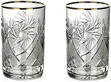 HomeHut Russian Cut Crystal Tea Glass for Hot & Cold Beverages (8.5 oz), 24K Gold Rimmed Glassware fits Metal Holder Podstakannik, Vintage Soviet USSR (2)