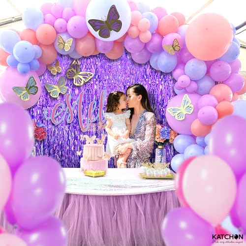 Image of 2 Pack Wavy Purple Fringe Backdrop - 3.2x6.5 Feet | Purple Foil Fringe Curtains for Mermaid Birthday Decorations | Fringe Backdrop for Baby Shower | Unicorn, Mermaid Party Decoration, KatchOn