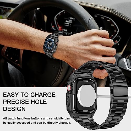 Image of BAITEYOU Stainless Steel Watch Band with Case Compatible with Apple Watch Series 11 10 42mm, Rugged Strap with Metal Protective Bumper Cover for iWatch Bands Men (Black)
