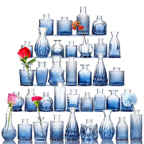 Fixwal 36 Blue Bud Vases Glass Bud Vase Set Small Vases for Flowers Bud Vases for Centerpieces Mini Flower Vases in Bulk for Rustic Wedding Decorations Vintage Look Home Table Decor (Blue)
