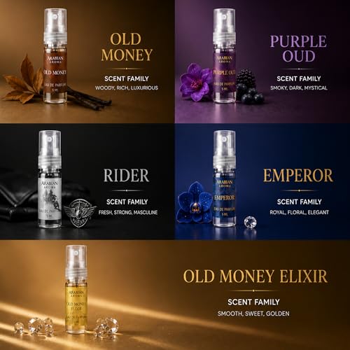 Image of Arabian Aroma Imperial Perfume Trial Pack For Men Pack of 5 x 5ml | Long Lasting, Old Money, Purple Oud, Rider, Emperor & Old Money Elixir