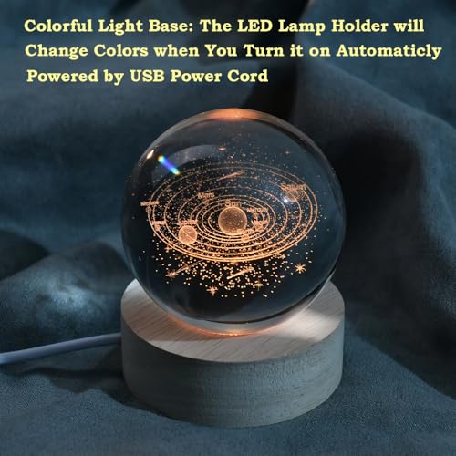 ZRENJHUS 3D Solar System Crystal Ball Space Themed Gifts Planet 3D Decorative Ball 60mm Glass Sphere Decor Astronomy Birthday Gift with LED Lighting Base
