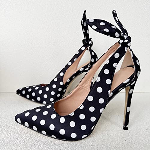 Frankie Hsu Sexy Cute Vintage Classic Stiletto High Heeled Pumps, Black Satin Polka Dots Bow Knot Fashion Vacation Style, Big Large US4-14 Size Slingback Dressy Spike Shoes for Women Men3