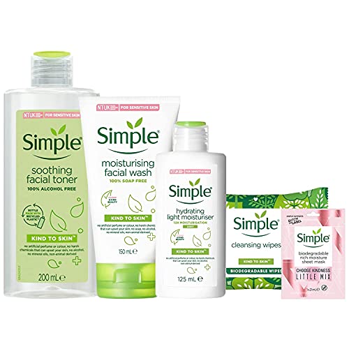 Simple Essentials Skincare Set - Facial Toner (200ml), Moisturising Face Wash (150ml), Hydrating Light Moisturiser (125ml) Biodegradable Wipes (x 20) & a Rich Moisture Sheet Face Mask