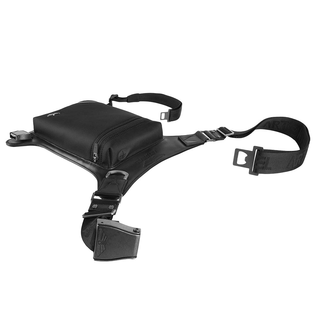 Sacoche de Jambe Moto The Original - Cuir de Vachette Pleine Fleur Vintage & Nylon - Imperméable & Léger - Sacoche Ajustable - Ergonomique - Durable - Garantie 3 Ans (Black)