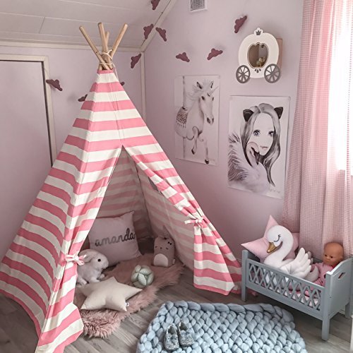 Tiny Land Kids Teepee Tent for Girls Princess, 5' Canvas Childrens Play Tent for Indoor Outdoor with Carry Case , Pink & White Stripe