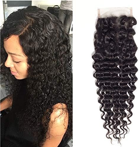 Brazilian Virgin Human Hair Deep Wave 4x4 Lace Closure Free Part 100% Unprocessed Virgin Deep Curly Human Hair Transparent Lace Closure Natural Black Color(12Inch