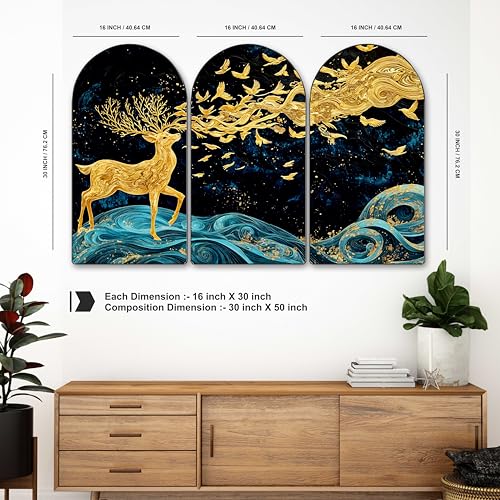 Image of Livin'luxe Golden Deer Arch Shape Wall Painting Set of 3 | Blue Wave & Night Sky Art Panels | Modern MDF Textured Triptych for Living Room, Bedroom, Hall & Home Wall Decor (30 x 50 Inch) RPNL-35387