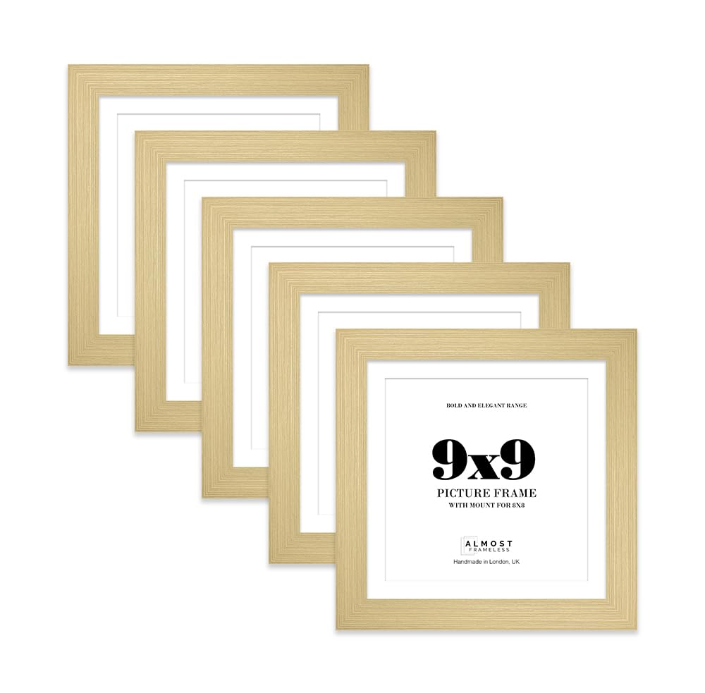 9x9" Gold Square Frame With Mount for 8x8" Pictures 28mm Edge Frame Display with Wall Hooks and Kickstand, 5 Pack