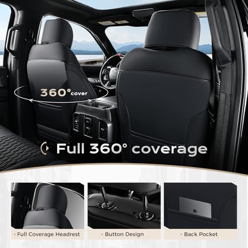 Image of Coverado Front Seat Covers for Ford F150 2015-2026, F250 F350 F450 2017-2026 SuperCrew Crew Cab, Black Leather Car Seat Covers, Full Coverage