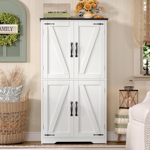 TEENFON Farmhouse Storage Cabinet with 2 Adjustable Shelves, Bathroom Cabinet with 4 Doors, Kitchen Cabinets, Cupboard for Kitchen, Living Room, White - Image 5