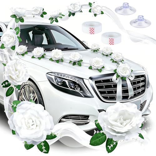 Staranry Deco Voiture Mariage, 2 PCS 1.8m Tulle & 9 Fleurs Artificielles Vec Ventouses & 10 Noeud Blanc, avec Divers Outils De Complément, Decoration Voiture...