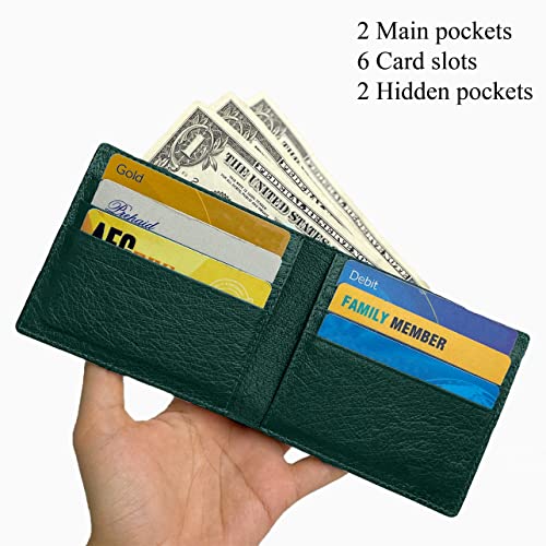 Green Ostrich Leather Slim Bifold Wallet Double Side Exotic Wallet Multiple Pocket Holder Passcase RFID Blocking Security Handmade Gift For Men VINAMOS-084