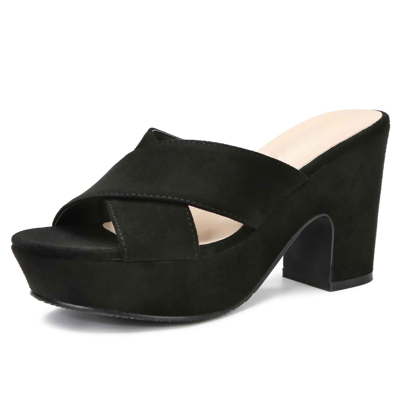 Women's Platform Sandals Open Toe Slip On Wedge Mules 3.94 Inch Chunky Heel Dressy Shoes,Suede, Non-Slip,Comfortable,Casual,Suitable for Wedding,Party,Office,Daily Wear