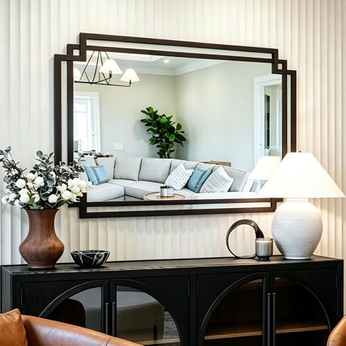 Image of 32 inch x 47 inch Large Wall Mirror for Living Room Decor, Black Decorative Mirror with Irregular and Rectangular Metal Frame, Horizontal /Vertical Hanging Mirror for Bathroom, Entrance