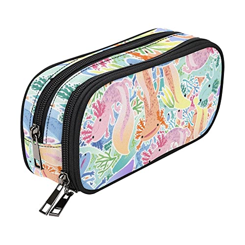 Image of Adorable Axolotls Mexican Pencil Case for Kids Teen Girls Boys 10 In Pouch | Large Capacity Small Makeup Bag for Women, Canvas School Suppies Zipper Office Desk Soft Organizers Travel Pen Box