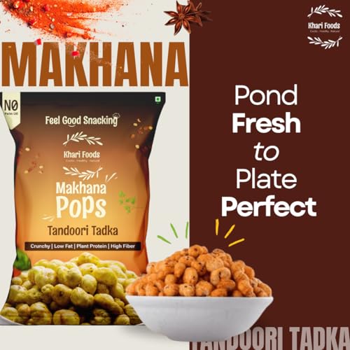 Image of Khari Foods Premium Flavoured Makhana 25g, Crunchy & Roasted Makhana Pops, Protein Source, Fibre Rich, No Palm Oil, Gluten Free (Tandoori Tadka Pack 4)