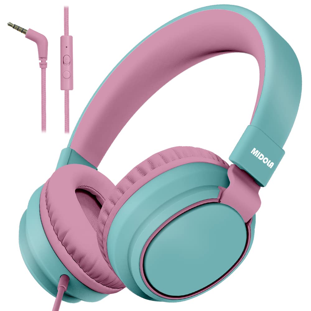 MIDOLA Kids Headphone Wired Volume Limited 85/94dB Over-Ear/On-Ear Foldable Headset with Microphone Hearing Protection Headphones for Toddler Boy Girl Child School Learning Pad Tablet Cyan