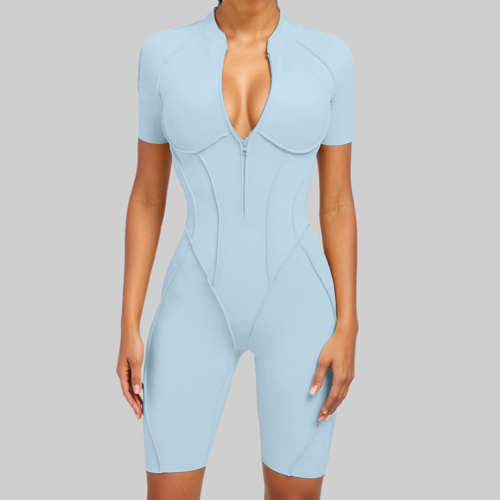 Generisch Combinaison de sport courte pour femme, avec fermeture éclair sur le devant, manches longues, dos nu, push-up, avec poches, short de fitness, une pièce, pour entraînement, yoga, gym, course