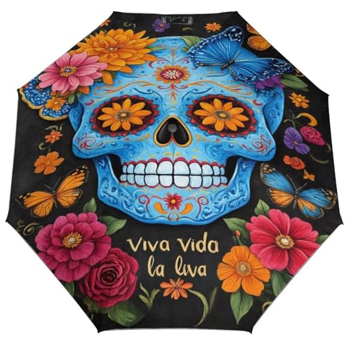 MADELSEN Day of The Dead Skull Umbrella Compac Travel Parasol with UV Windproof Rainproof Lightweight Portable Folding Umbrellas for Women Men