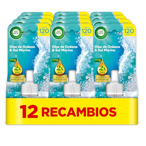 Air Wick Eléctrico Recambio de Ambientador Eléctrico, Esencia para Casa con Aroma a Olas de Océano y Sal Marina - 12 unidades