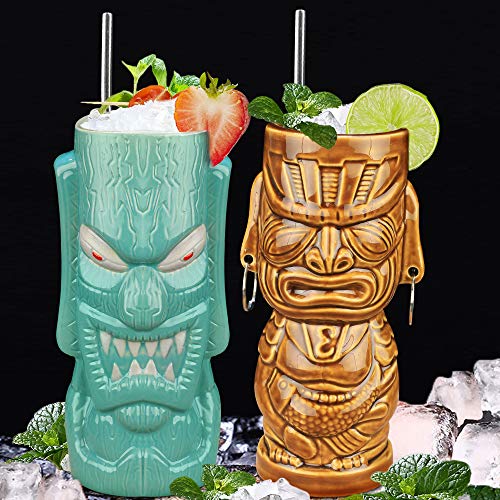 Tiki Mugs Set of 4 — Large Ceramic Hawaiian Luau Party Mugs Drinkware Tiki Bar Mugs for Cocktails-TJB06 (4) - Thumbnail 6