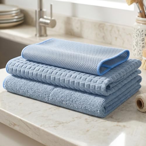 Image of Cutting EDGE 220 GSM Car & Bike Cleaning Combo Set of 3, Microfiber Cloth, Scrub Cloth & Drying Mat, Absorbent, Lint Free & Scratch Free for Car Cleaning (Light Blue)
