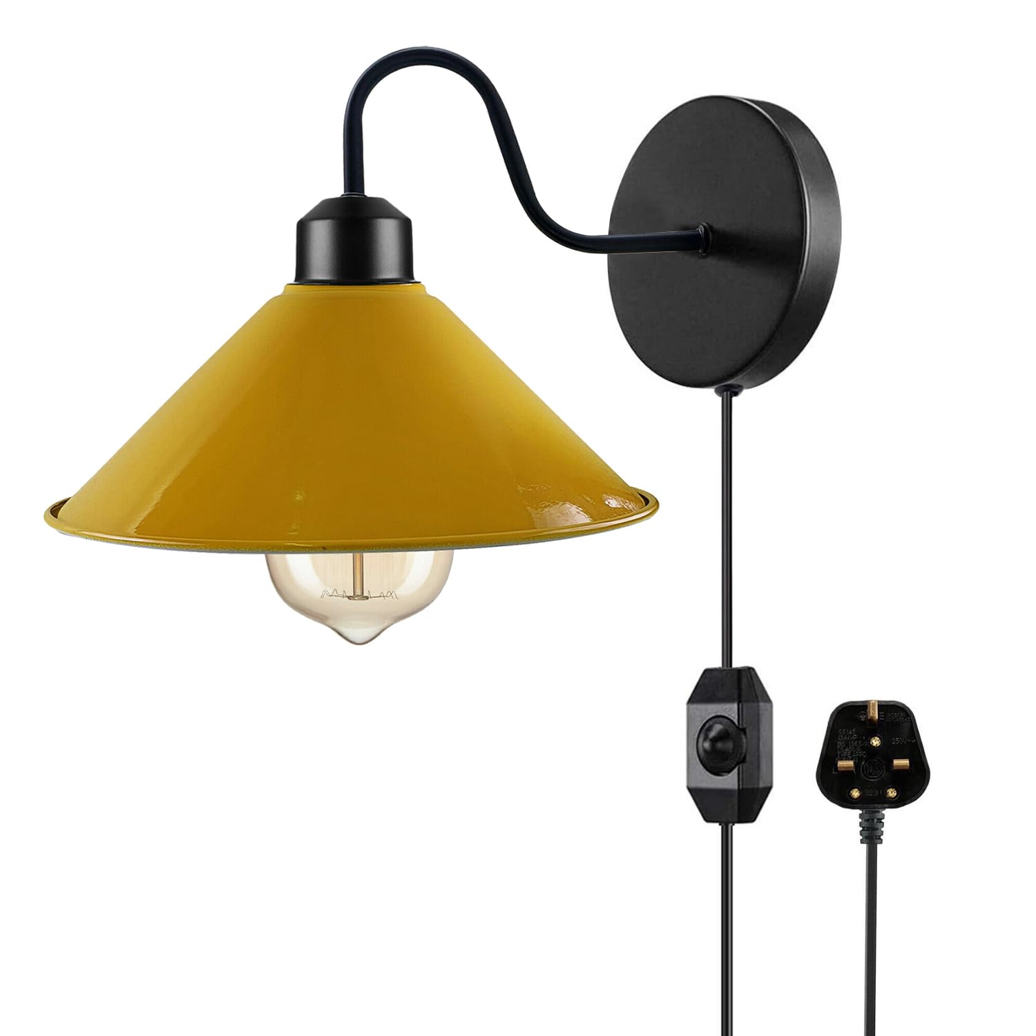 LEDSone Vintage Style 2 M Cone Shade Adjustable Arm Mechanism Metal Modern Wall Lights E27 Lamp Socket Dimmer Switch UK Plugin Wall Sconce Light Fixture (Yellow + Bulb)