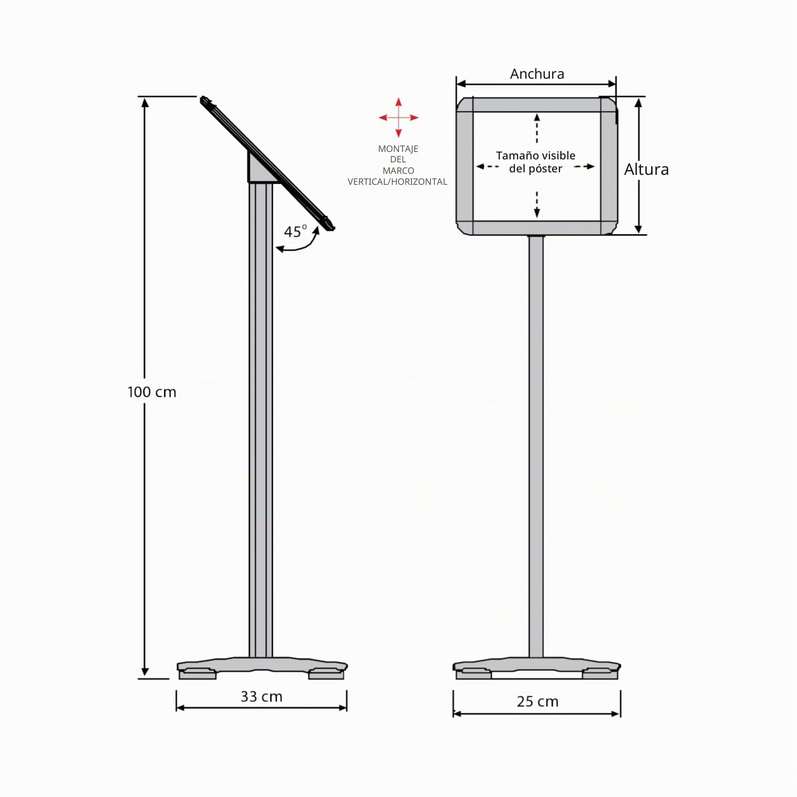 Displaylager - Soporte y información para carteles A4, soporte en base de aluminio inoxidable para uso horizontal o vertical
