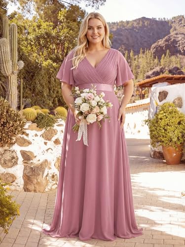 Image of Ever-Pretty Women's Chiffon Formal Evening Dresses for Curvy Women V-Neck Plus Size Floor Length Bridesmaid Dress