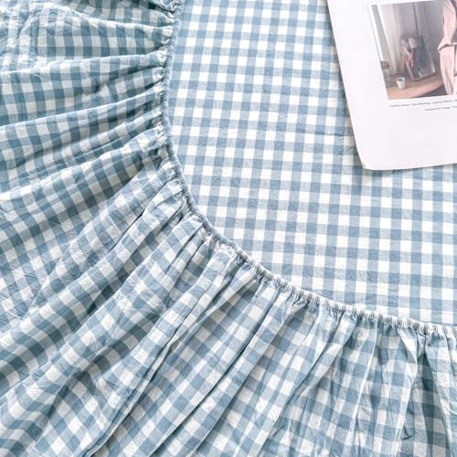 Image of Mucalis Light Blue Gingham Fitted Sheet Queen Only Deep Pocket 16 Inch 100% Washed Cotton White Plaid Checkered Bottom Sheet,Soft,Breathable,Easy Care