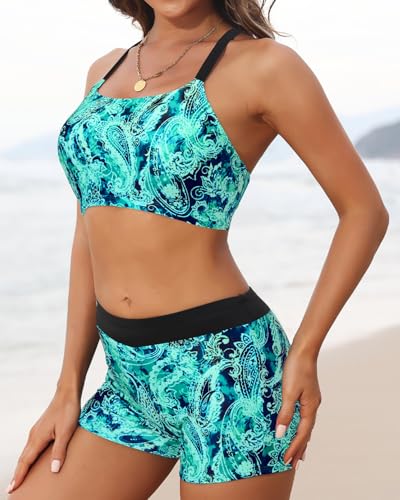 Image of 3 Piece Swimsuits Open Tie Back Tankini Top And Athletic Swim Shorts | Supportive Strappy Swim Bra, Adjustable Straps, Removable Pads, Tummy Control Boyshorts, Quick Dry Fabric, XXS-20 Plus
