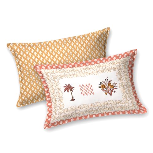 Image of BLOCKS OF INDIA Hand Block Printed 300 TC Cotton Super King Size Bedsheet(106 x 106) (Tree Orange)