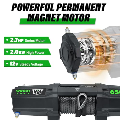 Image of TYT 6500 lb UTV Winch with Wireless Remote and Wired Switch,12 Volt DC Electric Trailer Winch,1 /4 inch x 50FT Synthetic Rope Winch with Rubber Stopper and Mounting Plate