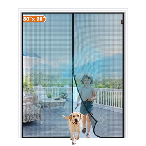 Image of MAGZO Magnetic Screen Door Fits Door Size 80 inchx 96 inch, Hands-Free Mesh Black | 82 inch x 97 inch Heavy Duty Door Screen Magnetic Closure & Windproof Fastener, Pet Friendly Sliding Patio Screen Door Mesh