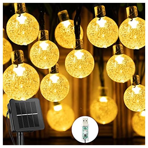 Guirnaldas Luces Exterior Solar, 60LED 11M Luces Solares Led Exterior Jardin con USB energizado por, 8 Modos & Impermeable Cadena de Hadas para Jardín, Eésped, Patio, árbol de Navidad(Blanco cálido)