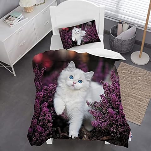 HOMHOMHA White Cat Duvet Cover Set Single Size for Kids Adults,Elegant Cat Among the Purple Flowers Bedding Duvet Cover Cat Themed Bedspread,135X200cm(Single) Cover