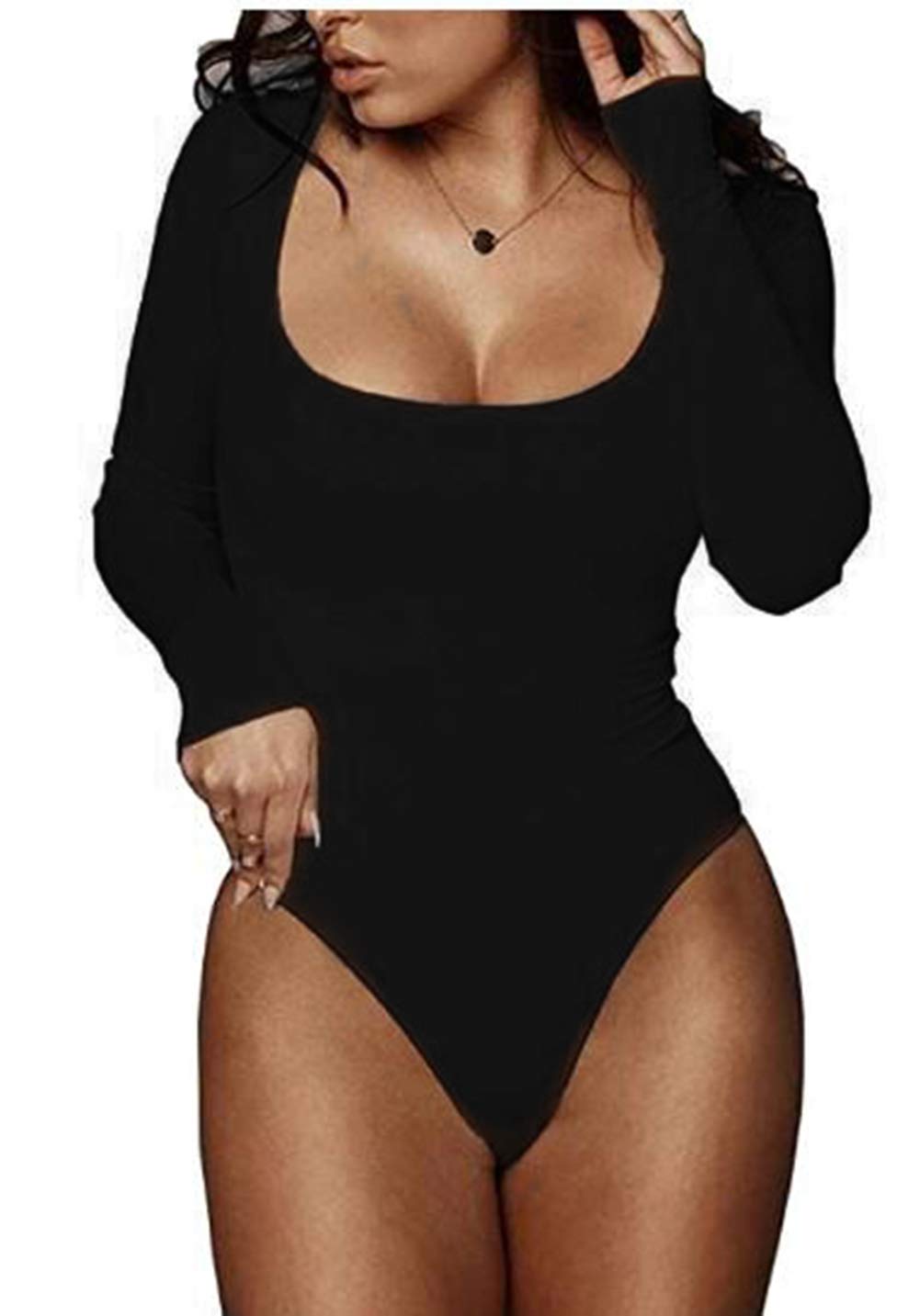 GEMBERA Women Long Sleeve Square Neck Basic Bodysuit Soft Cotton Thong Leotard