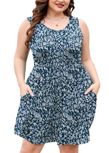 Image of AusLook Plus Size Summer Tank Dress for Women Casual Sleeveless Crewneck Pleated Babydoll Swing Sundresses with Pockets 1X-5X