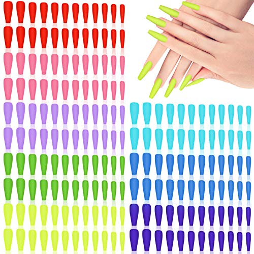 184 Pieces Ballerina Long Coffin Matte Fake Nails Solid Color Artificial Nails Full Cover False Nails Press on Nail for Women and Girls, 8 Colors (Bright Colors)