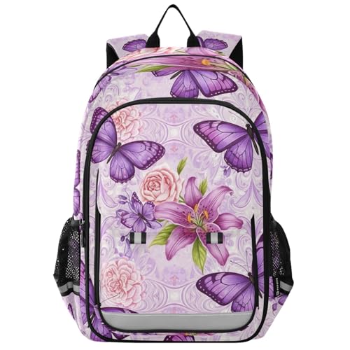 Kids Backpack for School, Purple Butterflies Large Ergonomic Backpack for Kids, 6-12 Y School Bag with Front Flap, 17 Inch