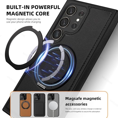 Image of Bumper Case with Kickstand for Samsung Galaxy S-Series Ultra Case Compatible with Wireless Charging | Luxury Aluminum Armor (Ring Leather-Black, Samsung Galaxy S24 Ultra)