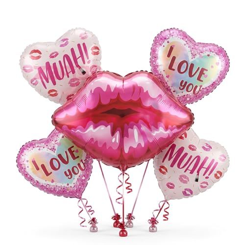 Image of Balloonistics Lips And Love Theme Balloon Bouquet Pack Of 5